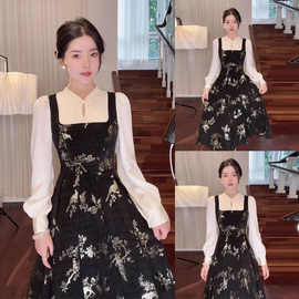 新中式黑色复古假两件连衣裙2023新款女秋冬气质显瘦国风连衣裙女