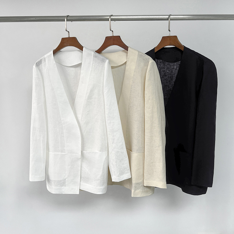 V-neck buckle-free linen suit ~ niche dry texture long sleeve one-word double pocket commuter simple coat spring and autumn