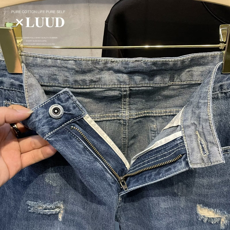 Men's Ripped Denim Shorts Casual Loose Fit Washed Perforated Straight Leg Mid Waist Trendy Summer Style Cotton Five Point Pants_mkmklike.com