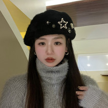 千禧甜妹--精致手工兔毛水钻毛绒贝雷帽女冬时尚画家帽反戴前进帽