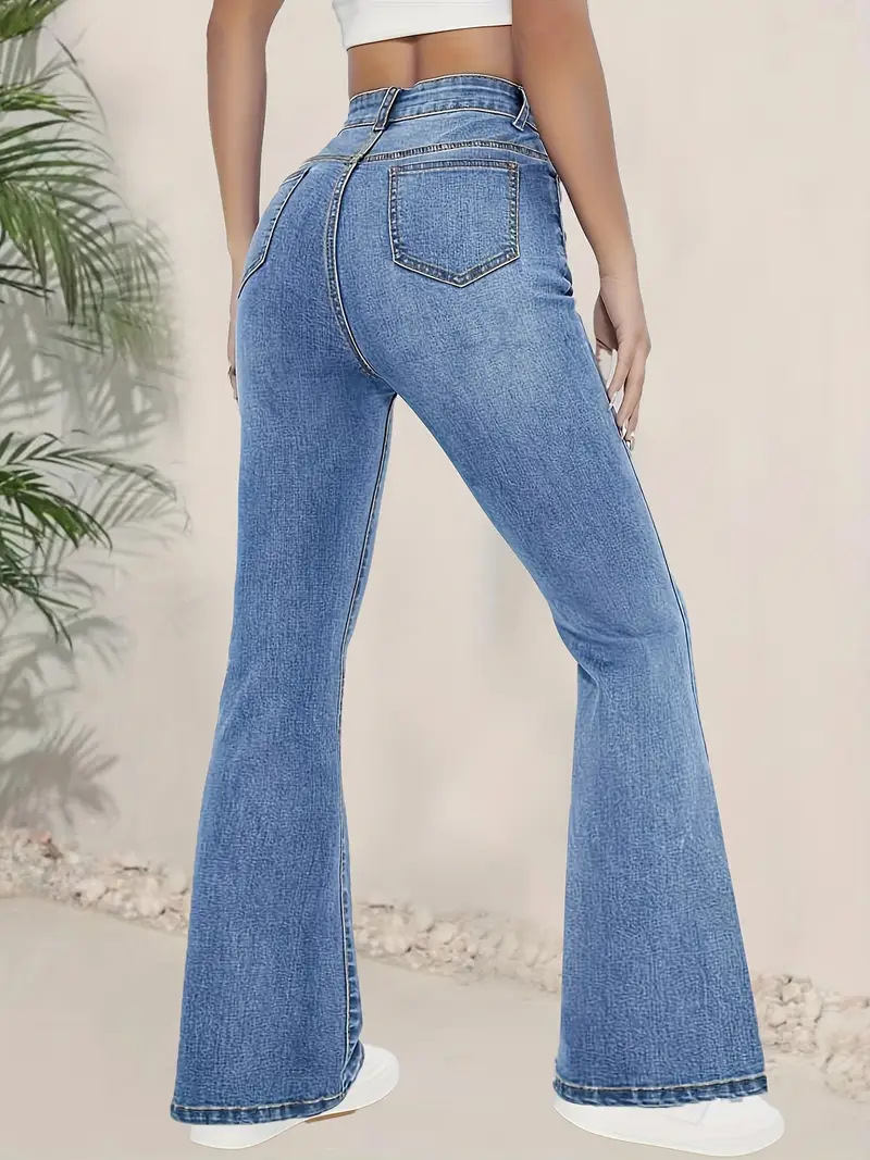 Jeans Acampanados de Tiro Alto para Mujer de Mezclilla de Algodón y Poliéster, Elásticos, para Uso Casual