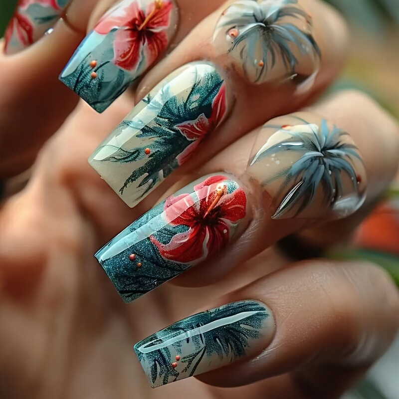 Summer Seaside Vacation Wearable Nail Art with Coconut Trees, Sunset, and Waves Design, Medium-Length Fake Nails, 24 Pieces Summer Seaside Vacation Wearable Nail Art with Coconut Trees, Sunset, and Waves Design, Medium-Length Fake Nails, 24 Pieces