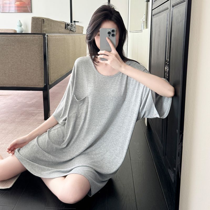 莫代大码宽松慵懒睡裙女夏季短袖简约口袋中长款睡衣