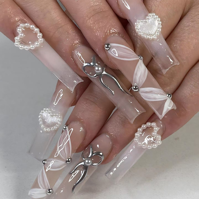 White Blush Gradient Ribbon silver Bow 3D Pearl Love Design Nail Salon Nail Pieces