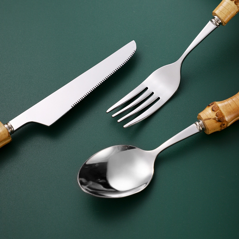 Cuchillo de bambú transfronterizo 304 Cuchillo, tenedor, mango de bambú natural, cuchara, tenedor, bistec, juego de tenedor, vajilla de acero inoxidable