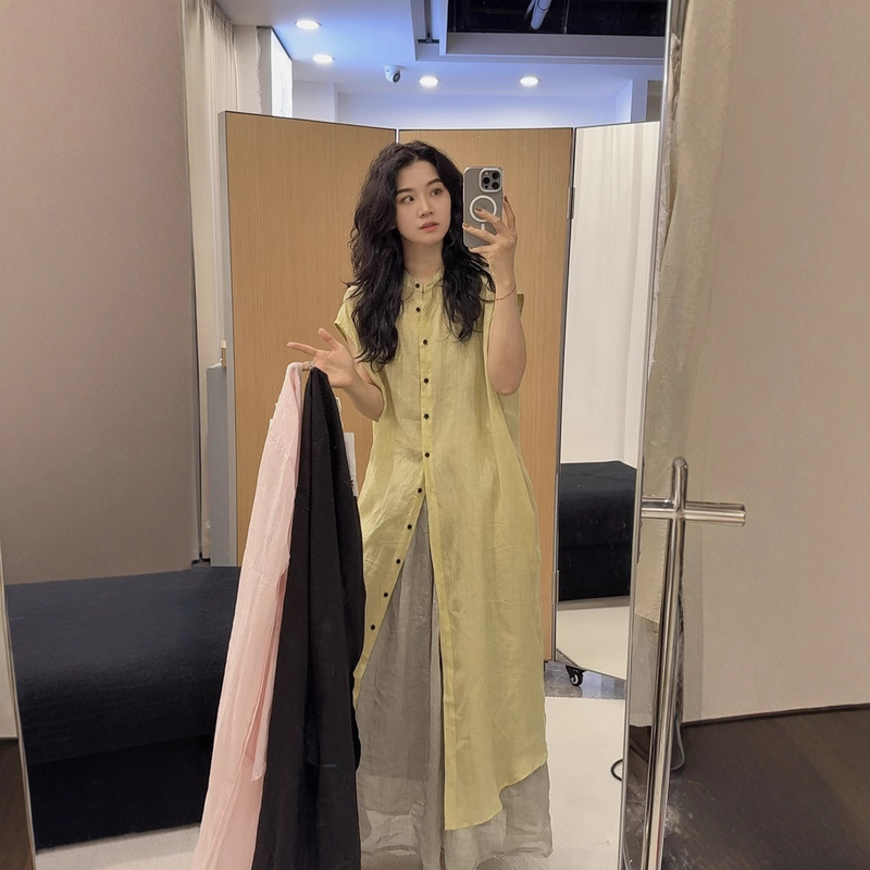 Ramie Stone-Washed Long Shirt Dress Women's Stand-Up Collar Sleeves Single-Breasted Shirt with Thin Cardigan