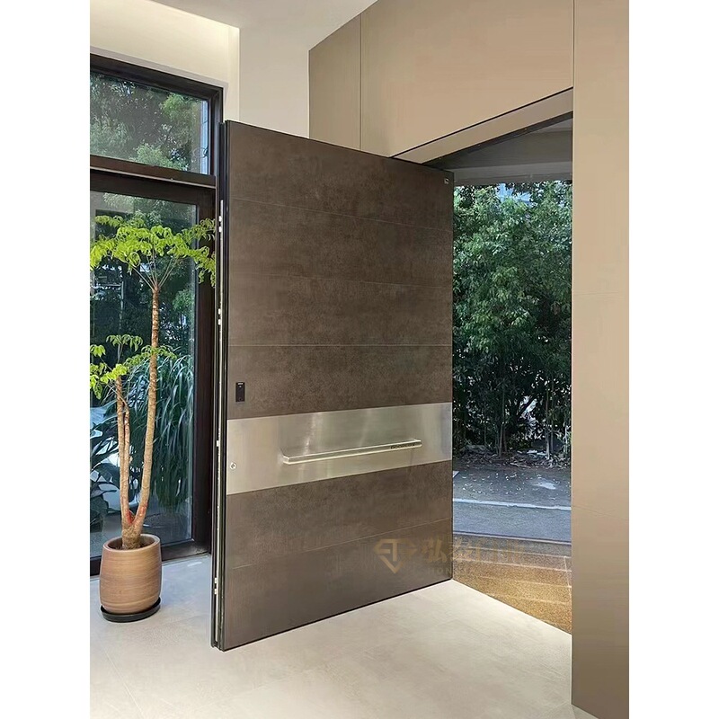 Cast Aluminum Villa Double-Door Offset Axis Entrance Door for Rural Self-Built Houses with Central Axis Entrance Glass and Wood Grain Design