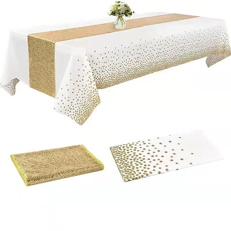 Amazon en stock lentejuelas estrellado corredor de mesa escritorio decoración la boda mantel plástico negro oro PEVA