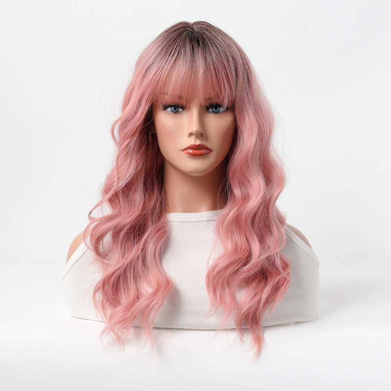 synthetic wig pink with dyed long curly hair on top wig women's full head cover_voghion.com