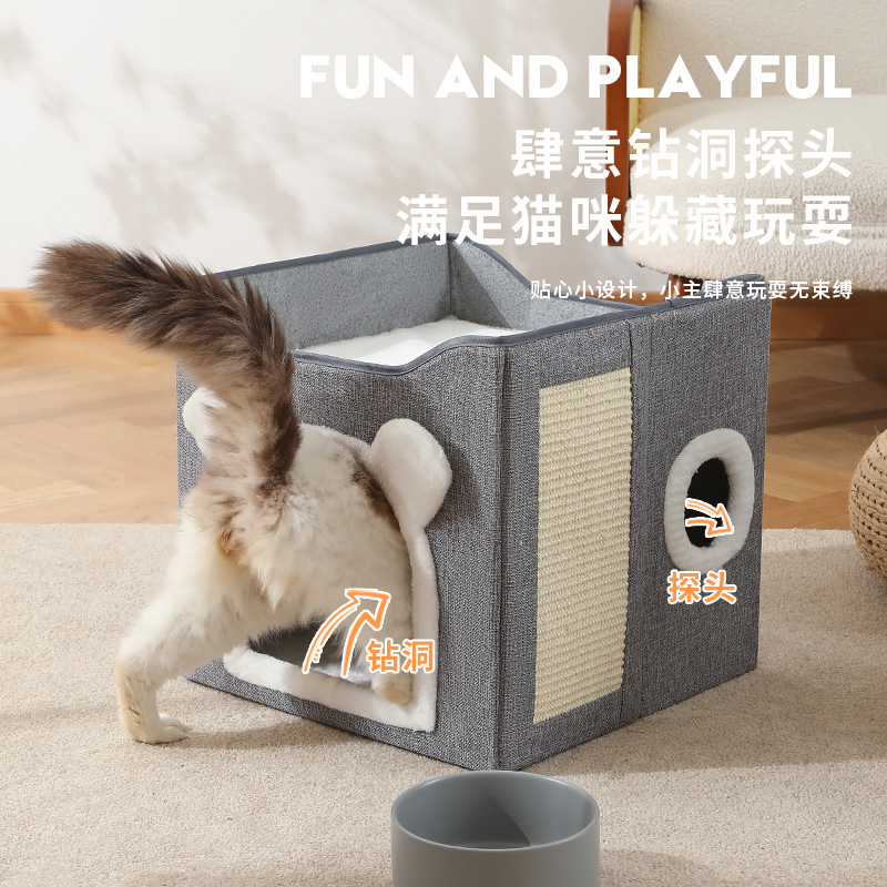Nido para gatos de doble capa para cuatro estaciones de invierno caliente semicerrado grande desmontable y fácil de limpiar y plegable para mascotas