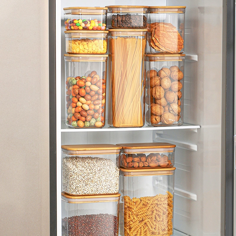 Airtight Square Storage Container with Bamboo Lid, Transparent Plastic, Multiple Capacities