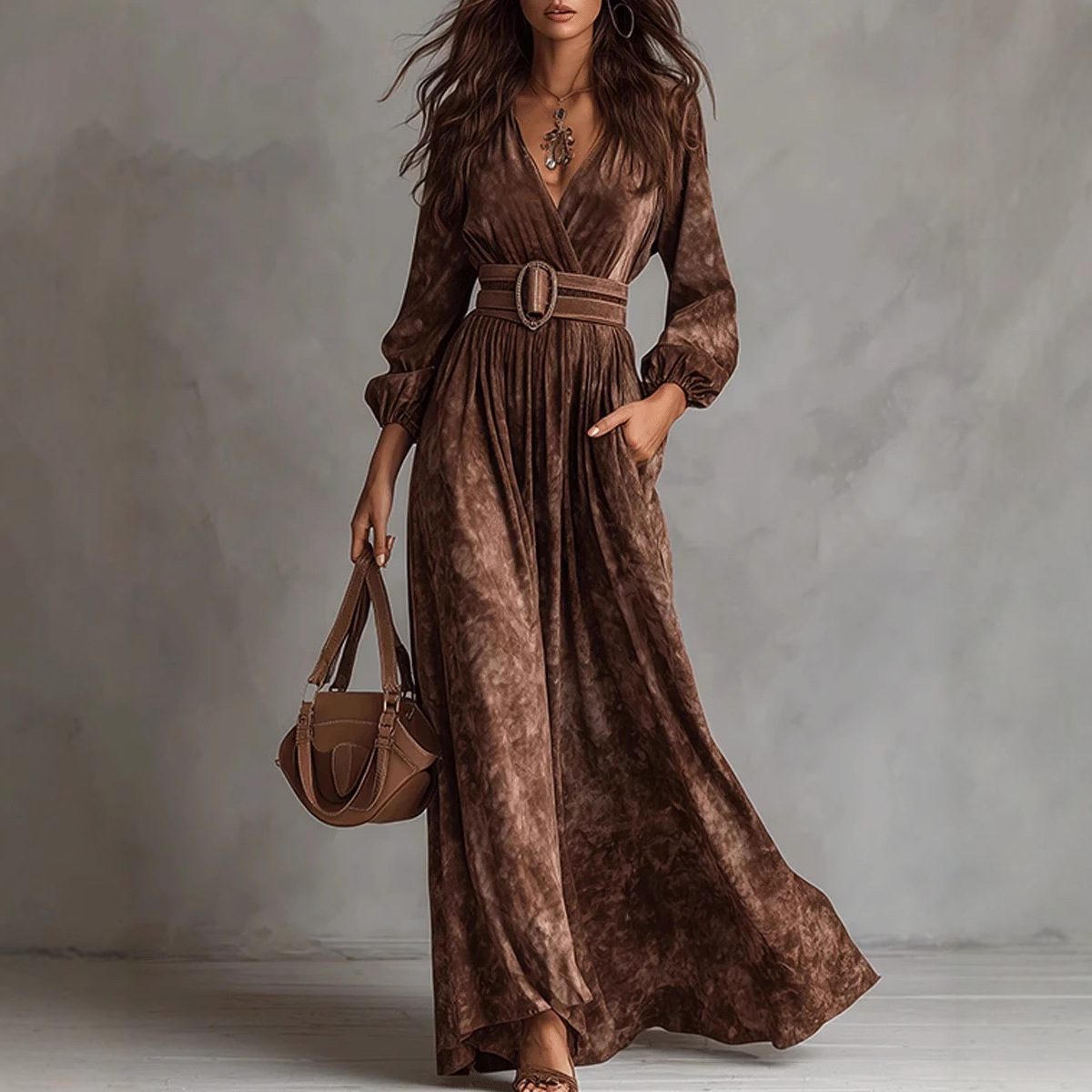 2025 European and American Women's Clothing French Style V Neck Long-Sleeved Waist Digital Printing Slimming Look A-Line Dress Long Skirt