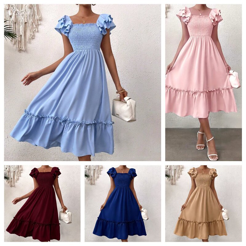 Cross-Border Popular Blue Long Dress European and American Ins Style Waist Slimming Fairy Dress Summer Beach Vacation Dress