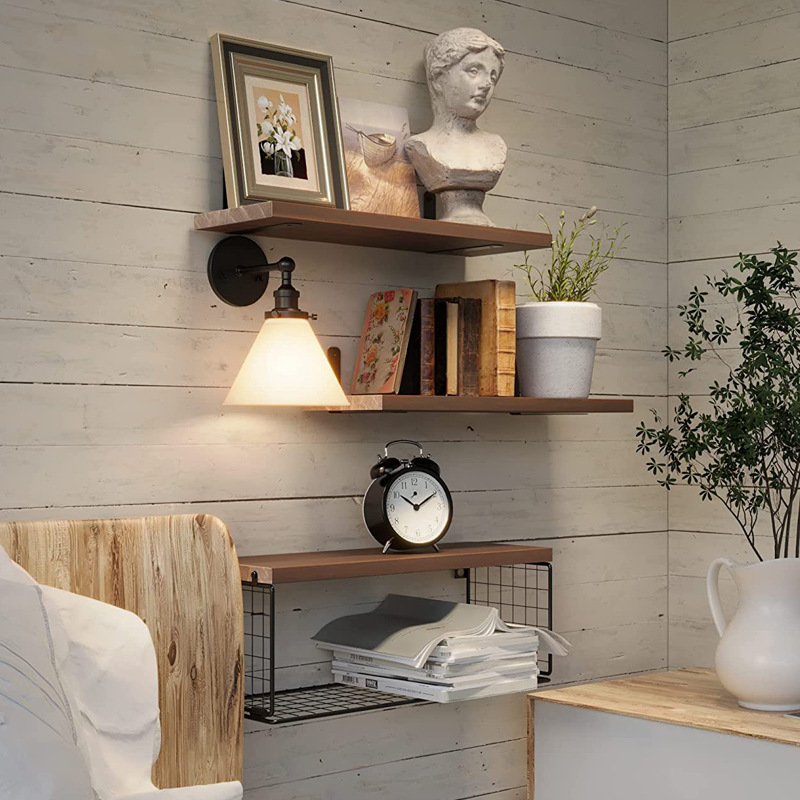 Wall mounted pine wood corner suspended shelf bedroom living room bathroom kitchen wall metal storage rack_voghion.com