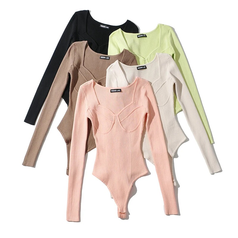 Off-the-collarbone square collar jumpsuit women's autumn hot girl slim-fit long-sleeved knitted bottoming shirt crotch top
