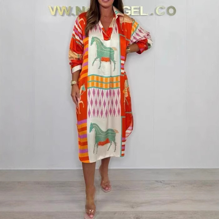 2025 Summer New European and American Cross-border Silk Mix/Cream Horse Printed V-Neck Oversized dress..