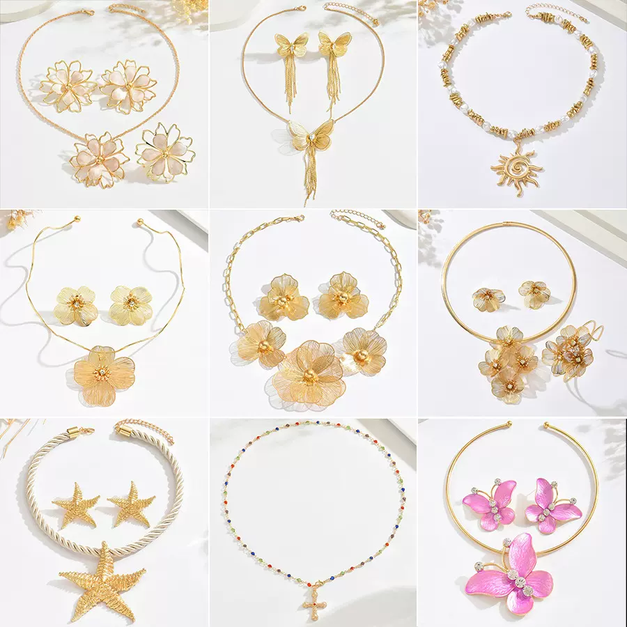 欧美镂空花朵蝴蝶项链耳环套装个性设计感夸张锁骨链高级感项饰女