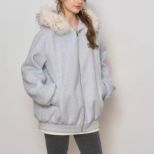 原创连帽毛领羊毛呢子大衣夹棉加厚保暖秋冬季拉链卫衣外套