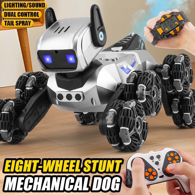 国境を越えた新しい子供のおもちゃ機械式犬 8 輪スタント スプレー首振り電動リモコン車機械犬メーカー|undefined
