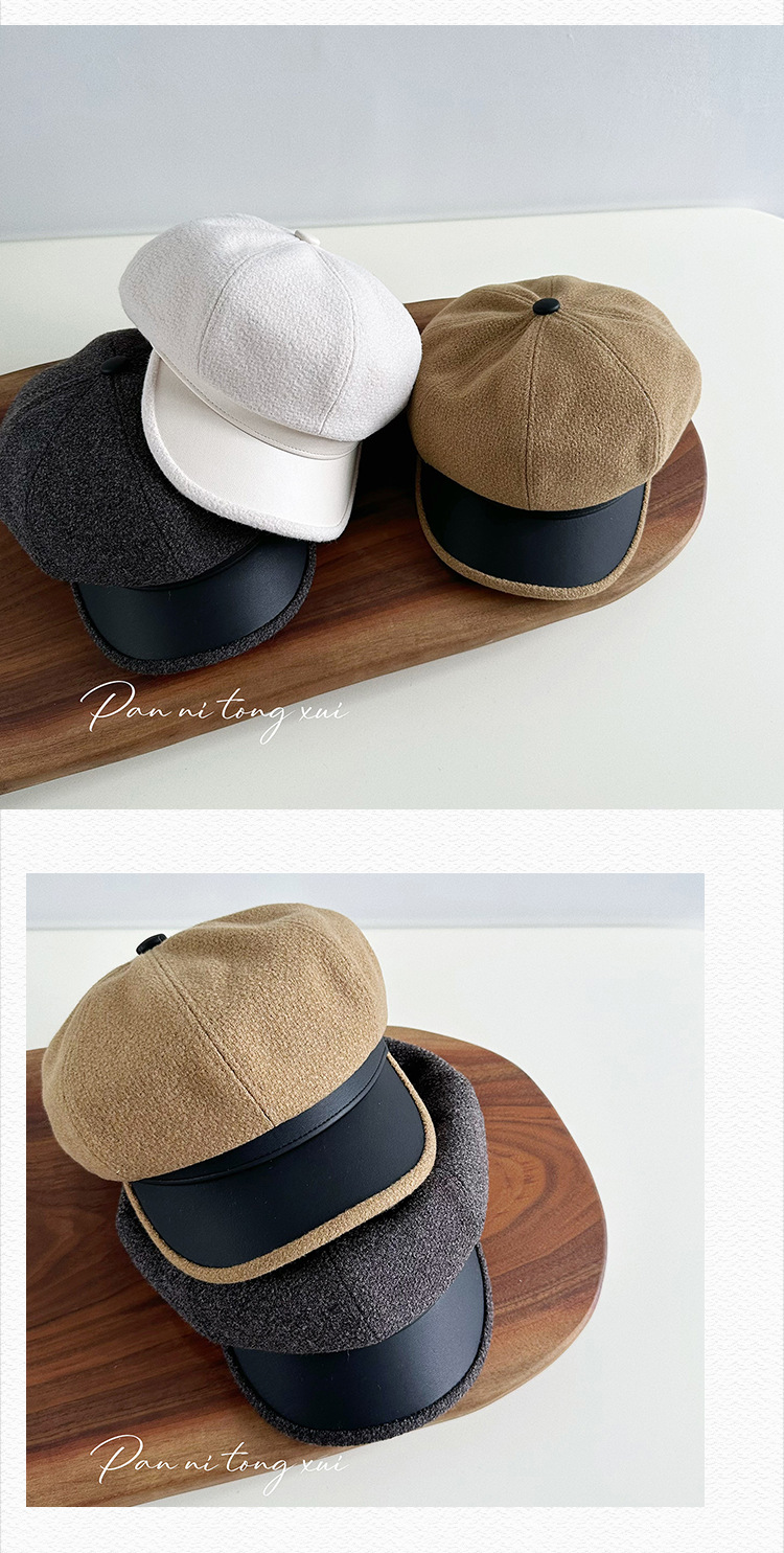 Chapeau octogonal unisexe en cuir PU épissé en laine pour femme, couleur unie, automne-hiver, vintage, chapeau d'artiste, chapeau chaud d'hiver_voghion.com