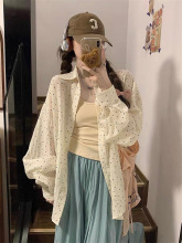 韩系波点防晒衬衫女夏季开叉系带宽松休闲衬衣长袖薄款上衣外套潮