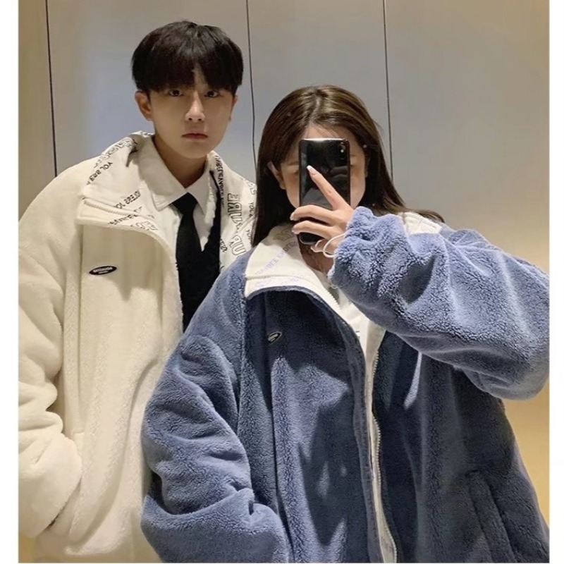 Abrigo de algodón acolchado de lana de cordero de doble cara para hombre Otoño e Invierno estilo de Hong Kong abrigo de algodón acolchado estampado completo suelto estilo coreano de moda chaqueta acolchada de algodón de pareja a juego