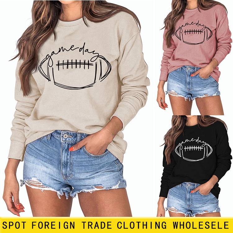 Amazon cross-border foreign trade game day rugby letter printing round neck fashion base long sleeve sweater wholesale