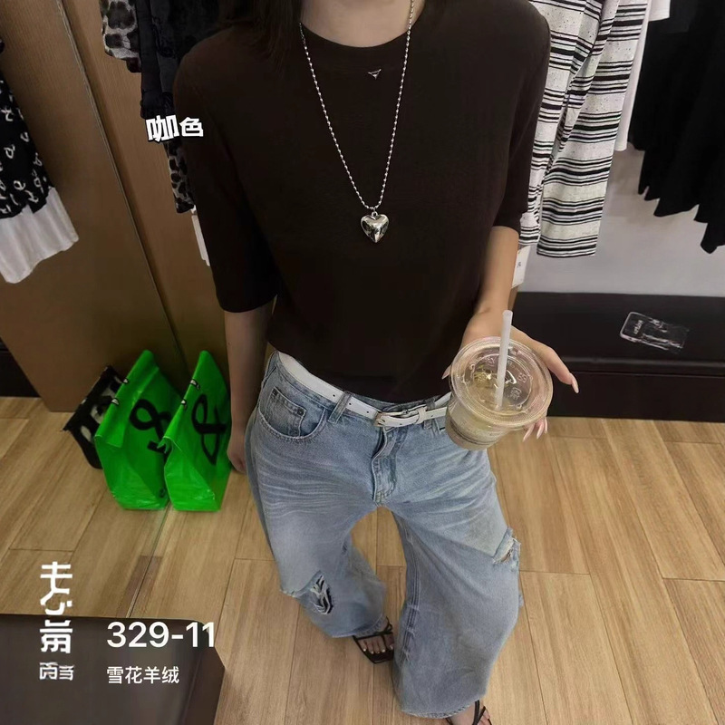秋季新品羊绒棉小圆领中袖打底衫女修身半袖上衣基础百搭T恤|undefined