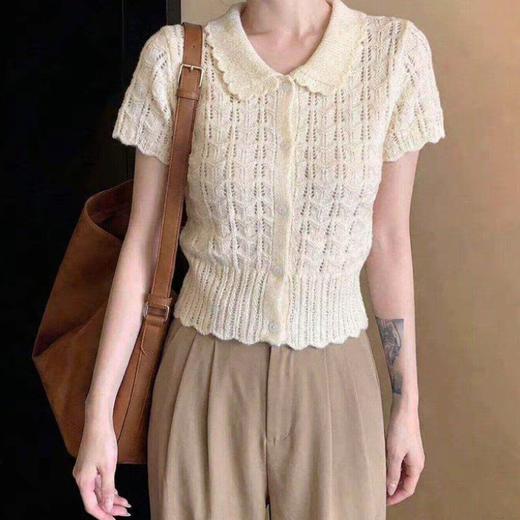 Hollow-Out Crochet Doll Collar Knitted Cardigan for Women, Summer Wear, Korean Style Gentle Style Short-Sleeve T-Shirt with a Sense of Design