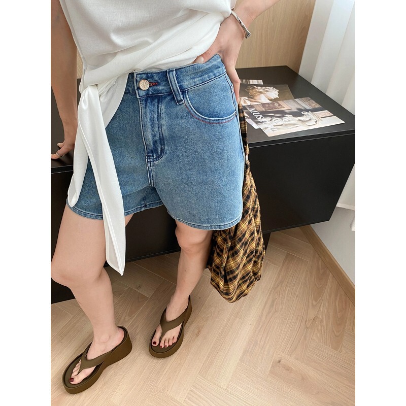 Sinan Comic Leg Fine Design Finishing Eye Stitch High Waist A- shaped Wide Leg Slim Denim Shorts SN7633