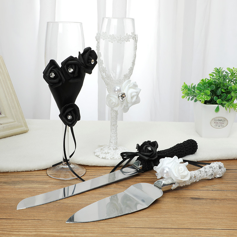 新款欧式婚庆用品酒店西餐酒杯刀铲布艺黑白装饰烛光晚餐高脚酒杯|ru