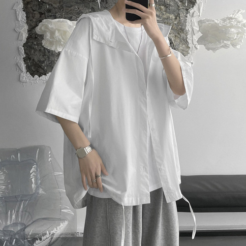 Thin, Loose, Fashionable Streetwear Hooded Sweatshirt, Shirt-like Outerwear for Men, Summer, Ins, Hong Kong Style, Japanese Style, Five-Button Sleeve