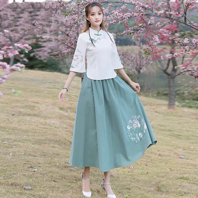 2024 New Summer Style Improved Cheongsam Han Dynasty Suit Literary Retro Style Cotton and Linen Embroider Suit
