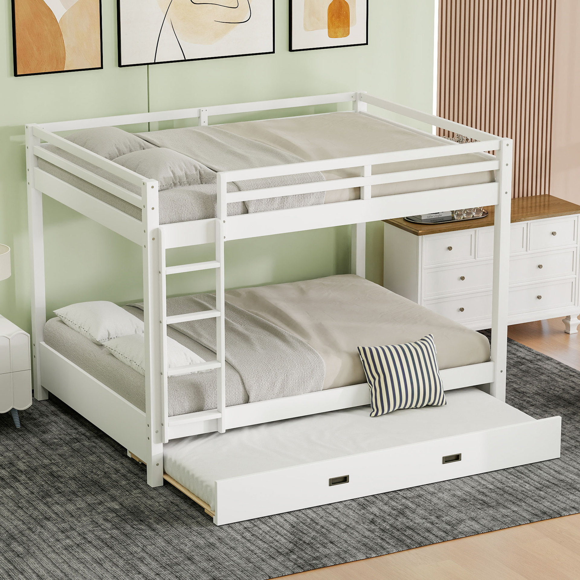 Children's High and Low Bed with Drawers, White Solid Wood Bed Frame, Three-Story Bed Design, Storage Function, Exclusive for Cross-Border Supply