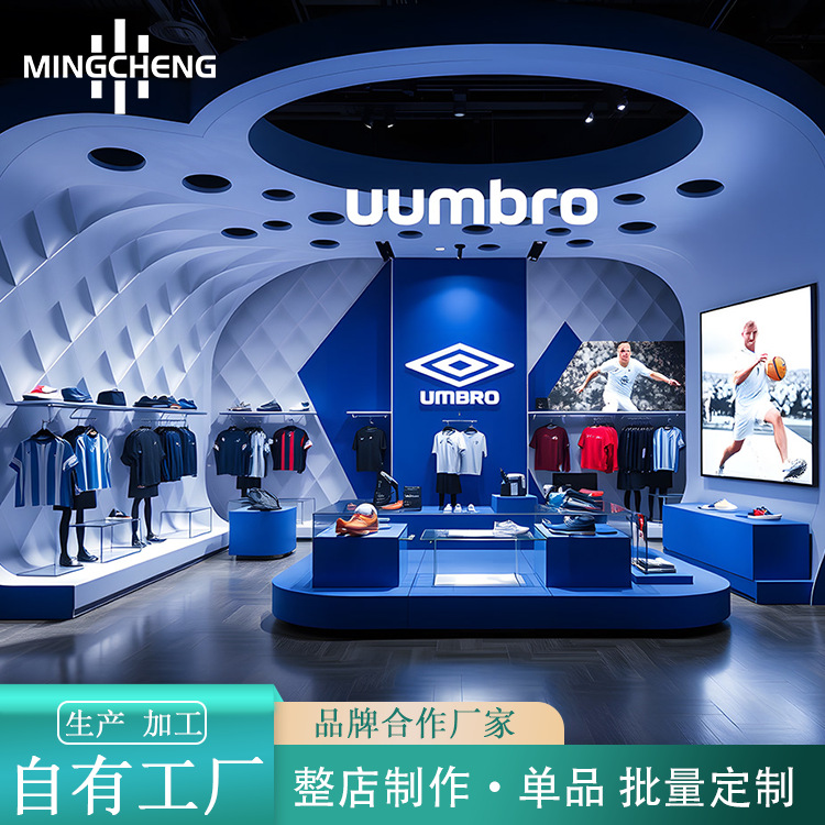 全店设计蓝色烤漆服装展示台一体式鞋包展示柜悬挂衣服架子展示架