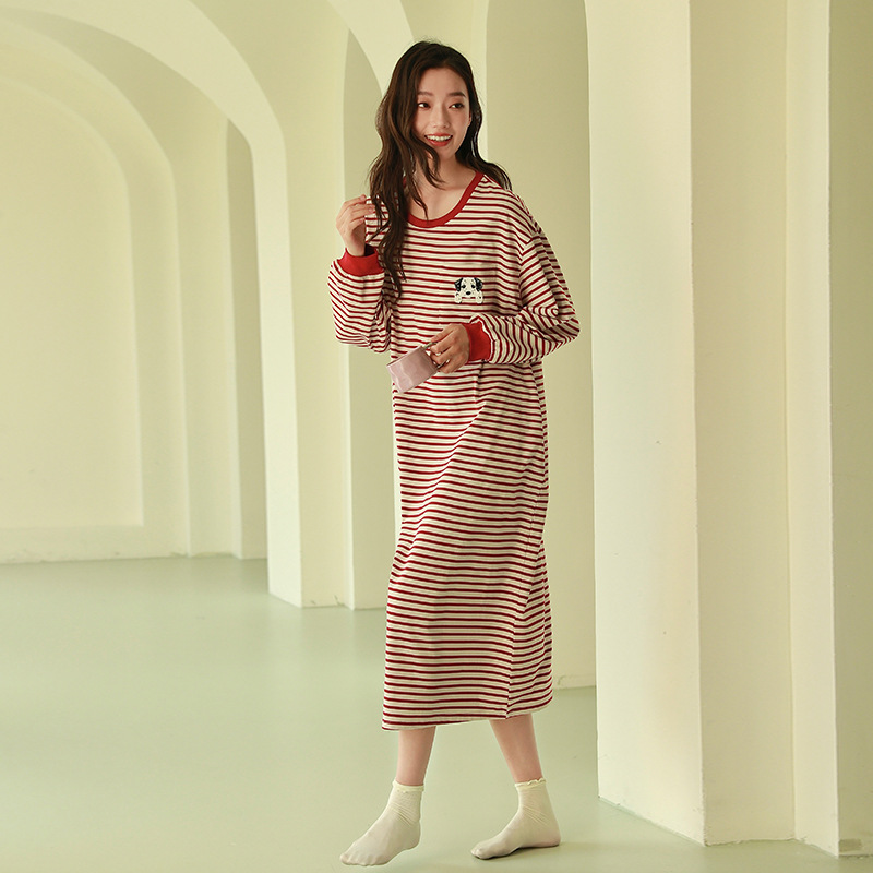 순면 잠옷 여성 가을 긴팔 긴 무릎 줄무늬 플러스 사이즈 가을과 겨울 여성 패딩 파자마 착용