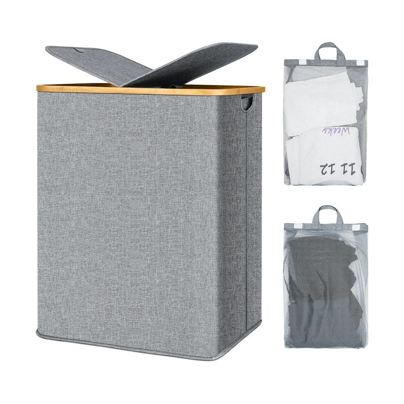 Artefact de almacenamiento para el hogar Tela de bambú de doble apertura Cesta de ropa sucia Cesta de almacenamiento simple y de gran capacidad Cesta de ropa sucia de doble compartimento