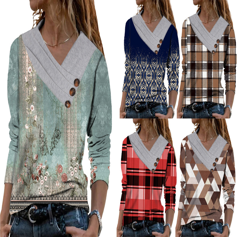 2024 European and American Amazon Autumn New Women's Scarf Collar Long Sleeve T-Shirt Sweatshirt Button Top Women