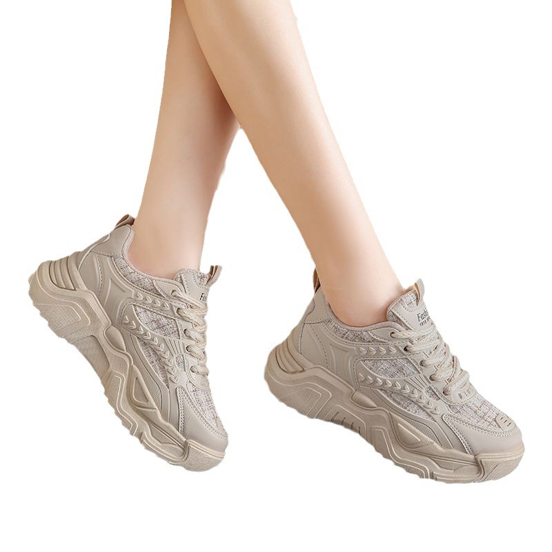 Papá zapatos mujer ins marea primavera 2025 nuevos zapatos de mujer de suela gruesa transpirables zapatos casuales blancos deportivos de todo fósforo