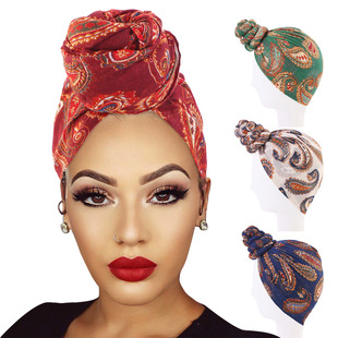 New printed silk yarn women's scarf ethnic style plate Flower knotted headscarf cap Muslim wrap scarf