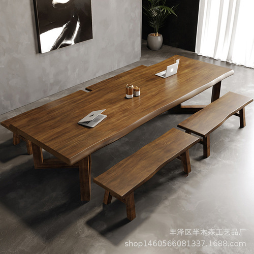 Solid Walnut Color Large Board Conference Table, Retro Leisure Creative Company Office Desk, Antique Style Reception Desk Chair Set