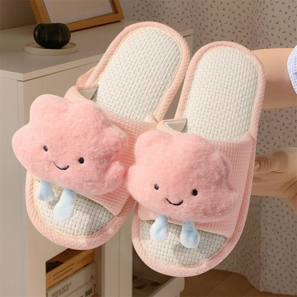 여성 슬리퍼 부모-어린이 카드 한 단어 마오마오 슬리퍼 가을과 겨울 실내 홈 리넨 슬리퍼 시원한 발