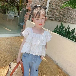 Girls suit 2023 new Korean children's western style lace shirt denim pants women's treasure fashionable two wholesale