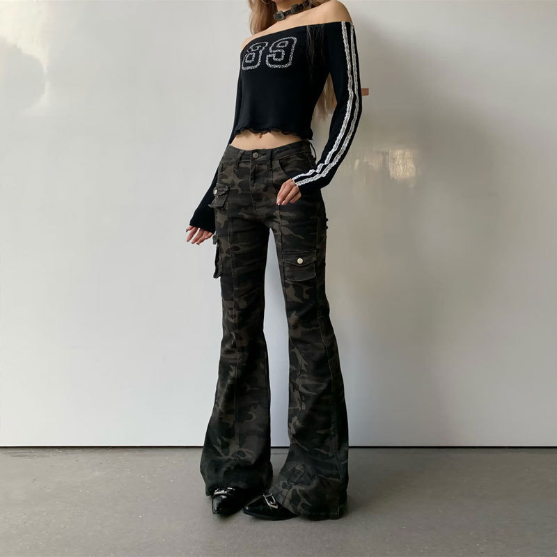 Design Camouflage Cargo Jeans for Women, American Style High-Waisted Plus-Size Flared Pants, Loose Fit for Chubby Women, Slimming Horse Hoof Long Pants