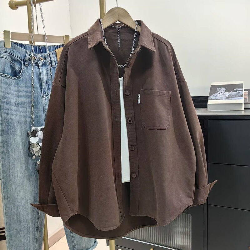 Women's denim shirt, new spring/autumn style, dark brown, vintage, casual, relaxed fit, workwear jacket, off-the-shoulder design Women's denim shirt, new spring/autumn style, dark brown, vintage, casual, relaxed fit, workwear jacket, off-the-shoulder design