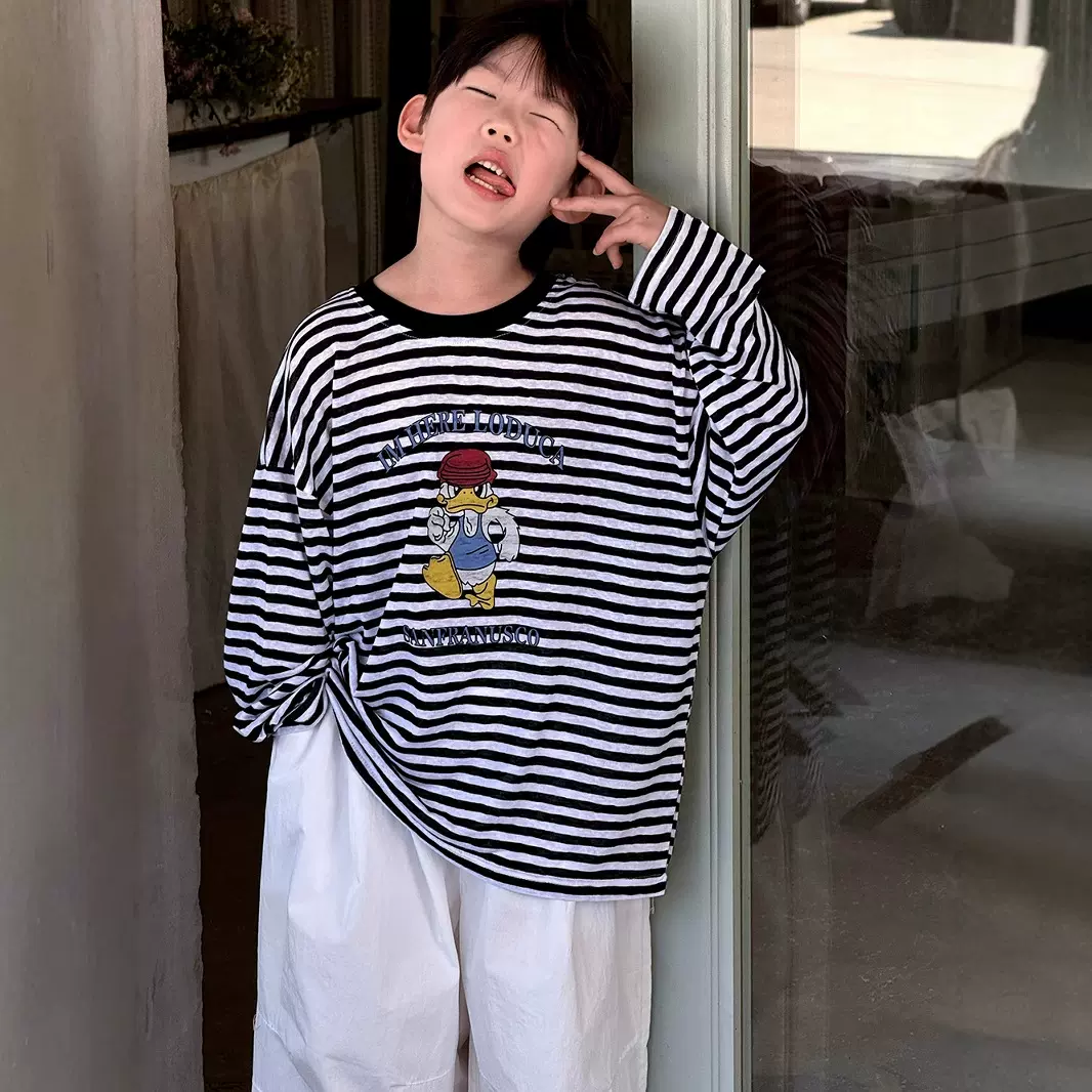 儿童条纹t恤夏装男童防晒衣2025女童韩版宽松百搭薄款卡通上衣ins