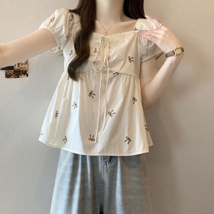 Square Neck Puff Sleeve Floral Shirt for Women 2025 Summer New Sweet and Stylish Short-Sleeved Shirt One-Line Collar Top Trendy Square Neck Puff Sleeve Floral Shirt for Women 2025 Summer New Sweet and Stylish Short-Sleeved Shirt One-Line Collar Top Trendy