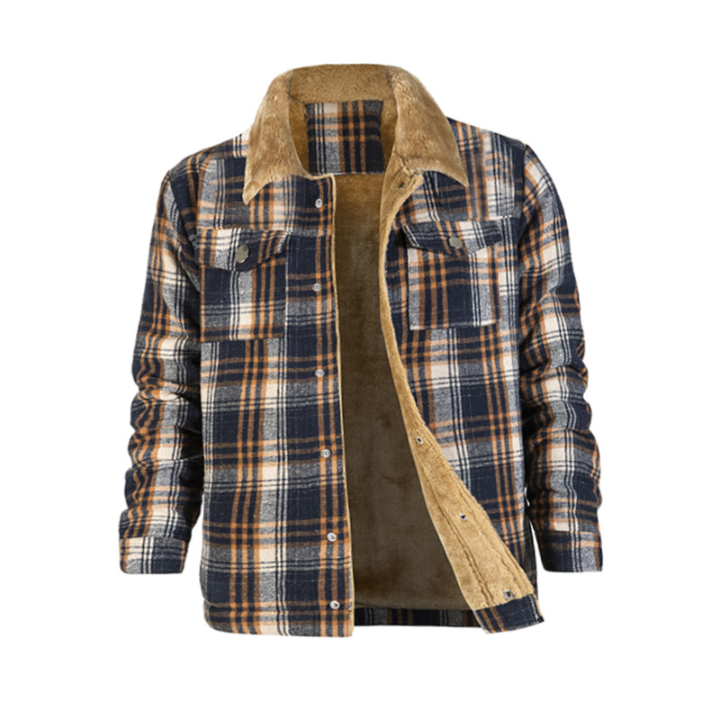 Giacca da uomo in flanella a quadri di nuovo stile, a maniche lunghe, con risvolto, in pile per calore e vestibilità ampia_voghion.com