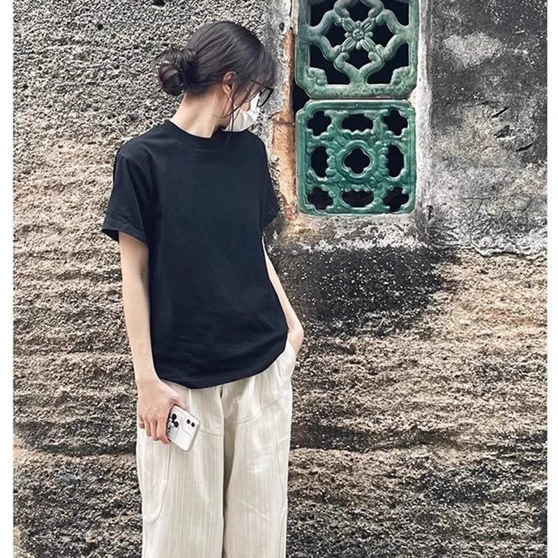 Black Right Shoulder Short-Sleeved T-Shirt for Women Summer Pure Cotton Pure Color Black t Loose Oversize Slim Half-Sleeved T-Shirt Top