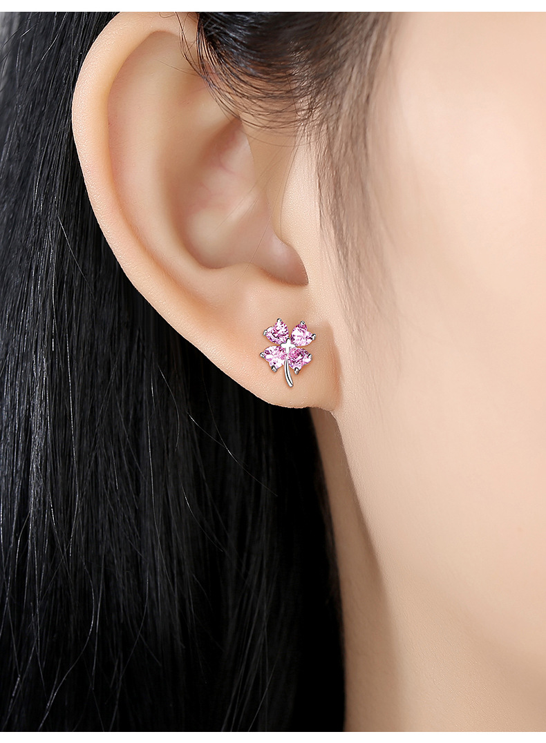 8g Weight Zircon Inlay Material Ear Studs Classification 1 Pair Quantity Date, Shopping Occasion 1 Pair 925 Sterling Silver Zircon Four Leaf Clover Ear Studs